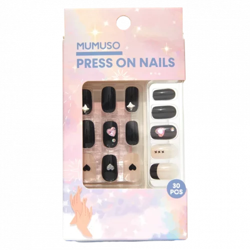 MUMUSO Nagelsticker-Set mit Herz, selbstklebende Press On Nails in Schwarz, 30 Stück für kreative Nagelkunst zuhause.