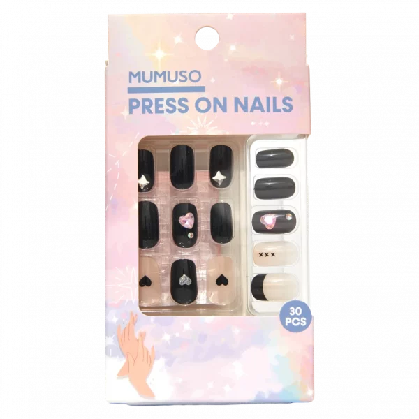 MUMUSO Nagelsticker-Set mit Herz, selbstklebende Press On Nails in Schwarz, 30 Stück für kreative Nagelkunst zuhause.