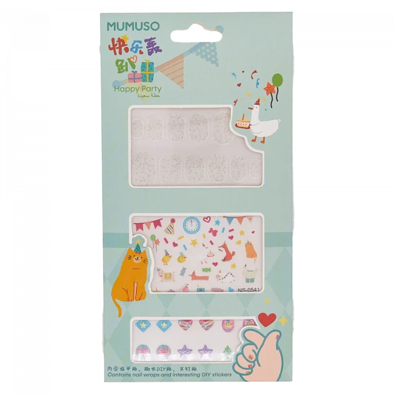 MUMUSO Nagelsticker-Set für Kinder mit Happy-Party-Print, mehrfarbig – Nagelsticker Kinder für kreative Nageldekoration.