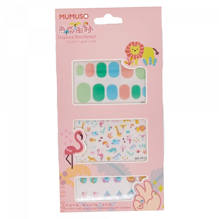 MUMUSO Nagelsticker-Set für Kinder mit tropischem Regenwald, bunt – lustige Nagelsticker Kinder für kreative Nageldekoration.