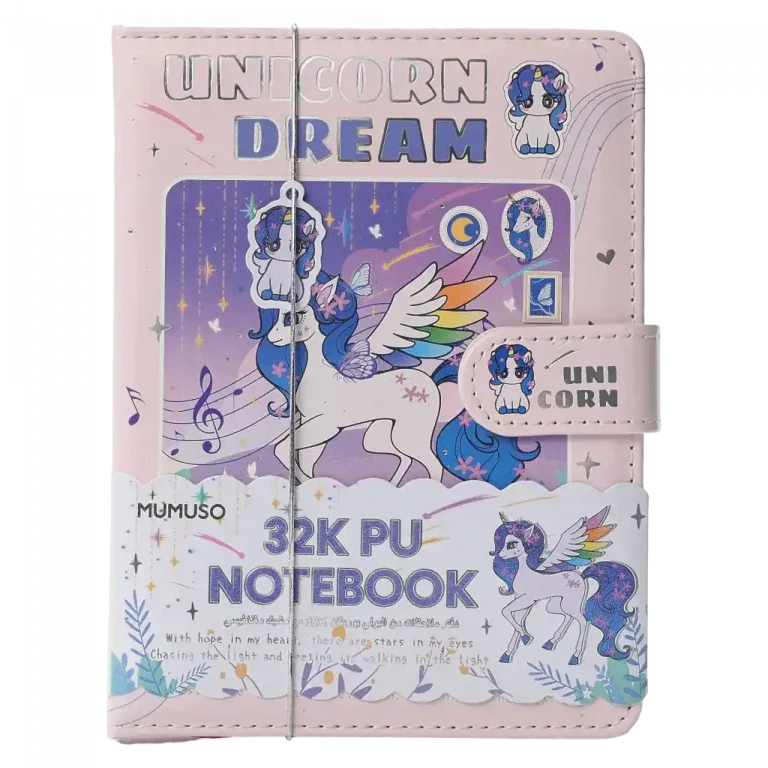MUMUSO Notizbuch 32K mit PU-Ledereinband, Magnetverschluss und Einhorn in Rosa – ideales Notizbuch für Kinder und Jugendliche.