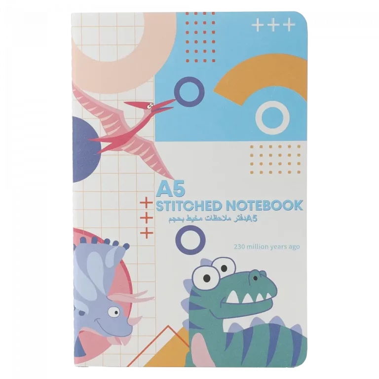 MUMUSO Notizbuch A5 mit Dinosaurier, bunt – kreatives A5 Schreibheft für Kinder und Schule mit Fadenbindung.