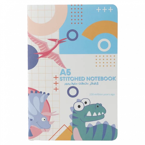 MUMUSO Notizbuch A5 mit Dinosaurier, bunt – kreatives A5 Schreibheft für Kinder und Schule mit Fadenbindung.