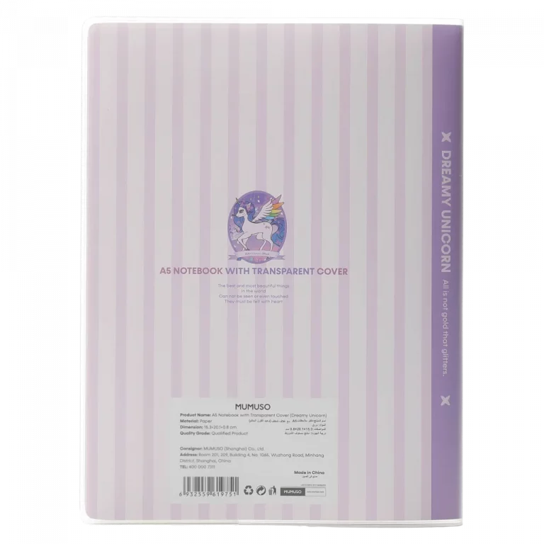 MUMUSO Notizbuch A5 mit transparentem Einband und Einhorn, mehrfarbig – ideales Notizbuch für Kinder und Schule.