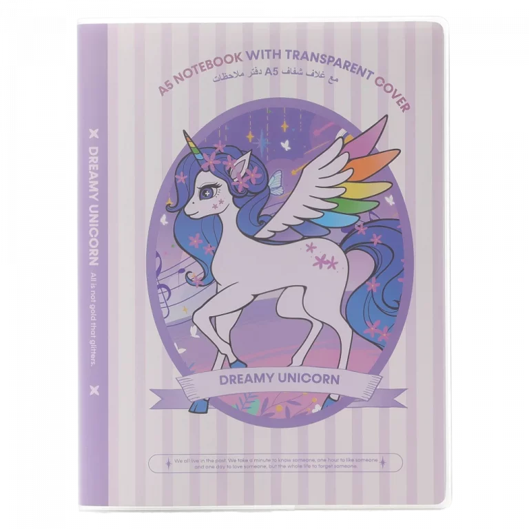 MUMUSO Notizbuch A5 mit transparentem Einband und Einhorn, mehrfarbig – ideales Notizbuch für Kinder und Schule.