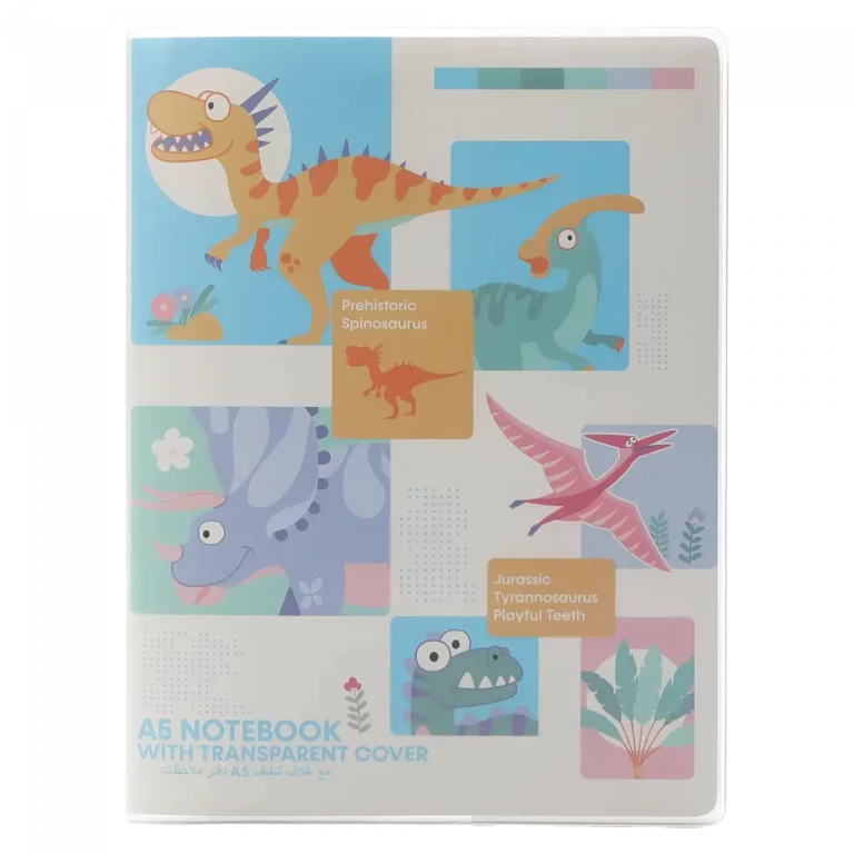 MUMUSO Notizbuch A5 mit transparentem Umschlag und Dinosaurier, mehrfarbig – ideales Notizbuch für Kinder oder Schule.