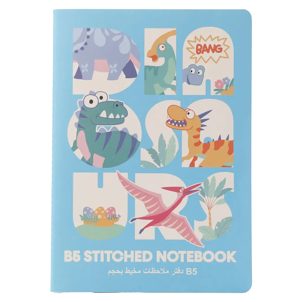 mumuso_notizbuch_b5_blau_dinosaurier.webp MUMUSO Notizbuch B5 mit Dinosaurier, blau – Kinder Notizbuch mit Tier-Print für Schule oder Zuhause.