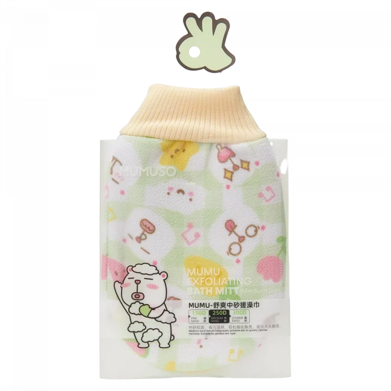 MUMUSO Peeling-Handschuh Sandfarbe mit Cartoon-Lamm-Print – Badezubehör zur Hauterneuerung, sanft für empfindliche Haut.