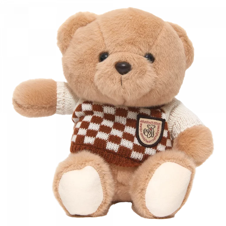 MUMUSO Plüschbär mit kariertem Pullover, ca. 24 cm (Beige) – weiches Kuscheltier Bär für Kinder und als Geschenk.