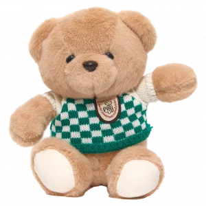 MUMUSO Plüschbär als Kuscheltier für Kinder, beige, mit grünem Strickpullover – weiches Stofftier für Kinderzimmer.