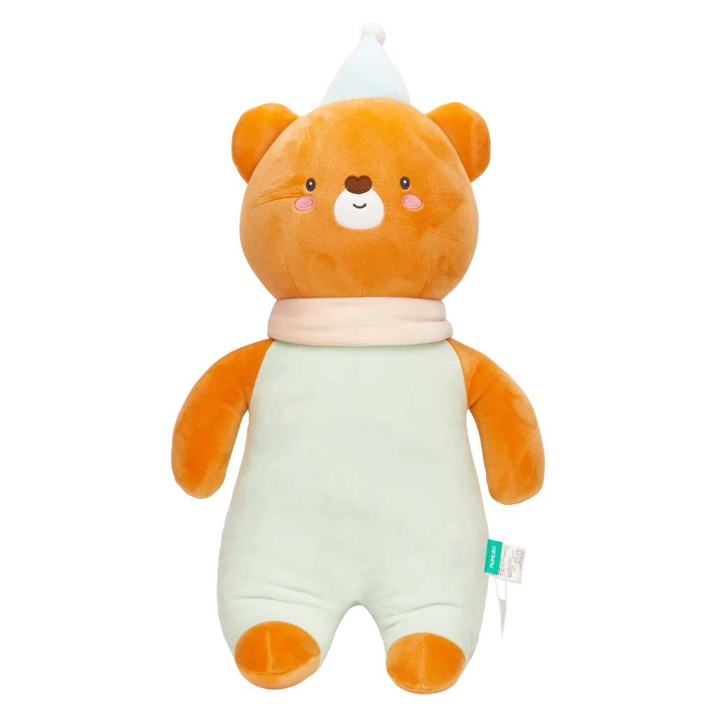 mumuso_plueschtier_baer_65cm_muetze_braun_mint_3.webp MUMUSO Plüschtier Bär mit Mütze, 65 cm (Braun/Mint) – weiches Kuscheltier für Kinderzimmer oder als Geschenk.