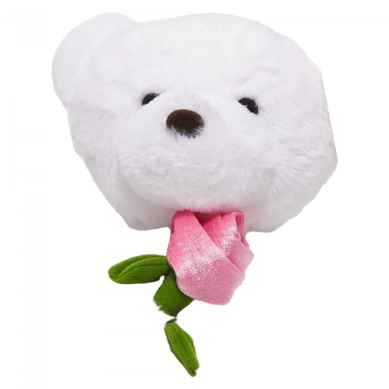 MUMUSO Plüschtier Bär mit Blume, 35 cm – weiches Kuschelbär Spielzeug für Kinder aus Polyester, weiß mit rosa Blume.