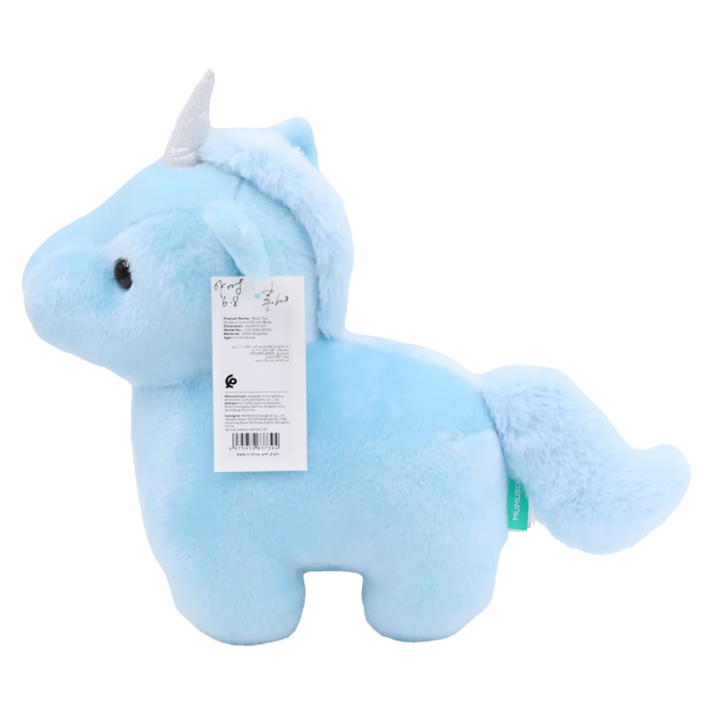 mumuso_plueschtier_einhorn_velours_25cm_blau_3.webp MUMUSO Plüschtier Einhorn aus Velours-Stoff, 25 cm (Blau) – weiches Kuscheltier für Kinder und Einhorn-Fans.