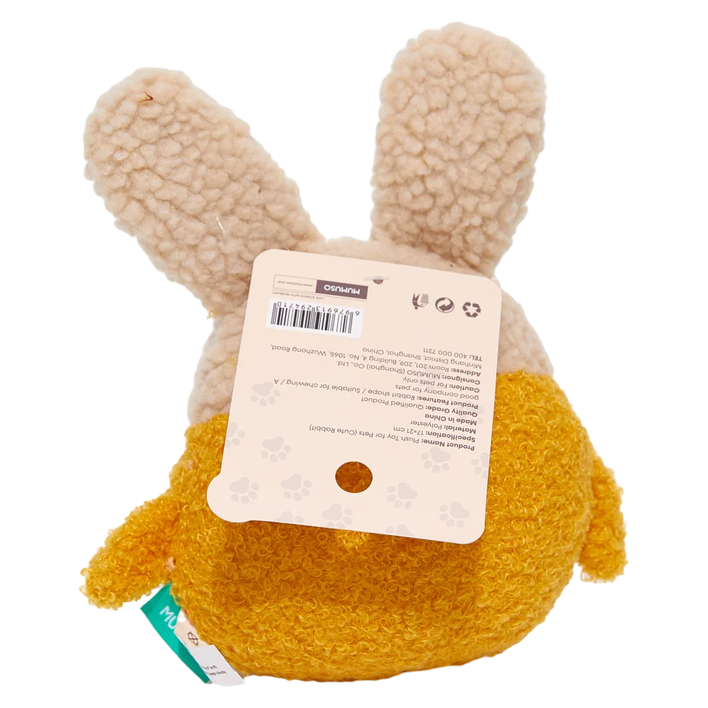 mumuso_plueschtier_haustiere_kaninchen_gelb_2.webp MUMUSO Plüschtier für Haustiere, gelb, Kaninchen – weiches Hundespielzeug für spielende Hunde und Katzen.