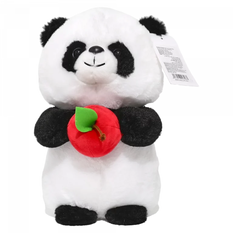 MUMUSO Plüschtier Panda mit Apfel, 30 cm (weiß/schwarz) – kuscheliges Kuscheltier für Kinder aus Polyester.