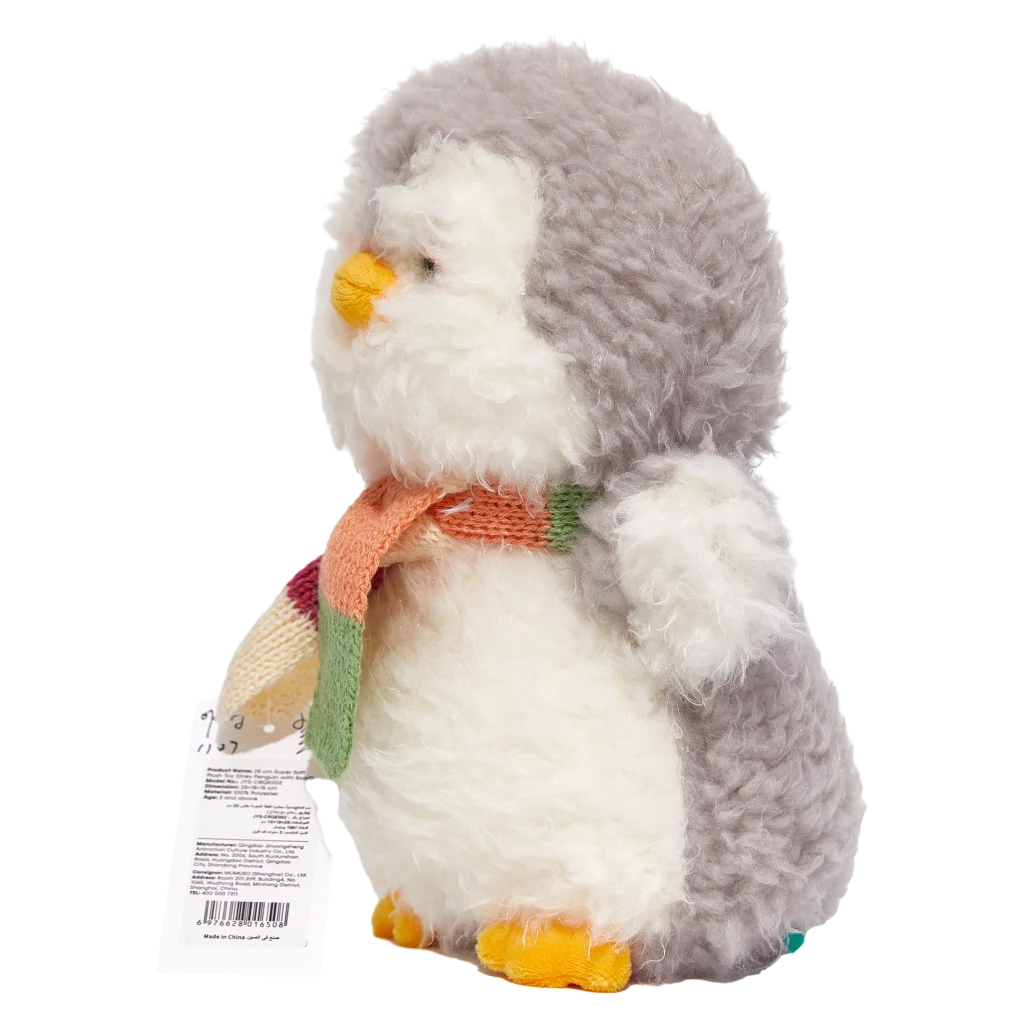 mumuso_plueschtier_pinguin_25cm_grau_schal_2.webp MUMUSO Plüschtier Pinguin, 25 cm, grau mit Schal – weiches Pinguin Kuscheltier als Geschenk für Kinder.