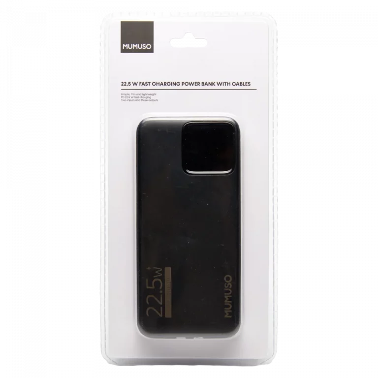 MUMUSO Powerbank 10000 mAh, Schnellladegerät in Schwarz – 22,5W Fast Charging Powerbank mit integrierten Kabeln für unterwegs.
