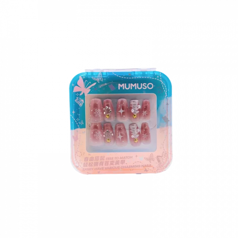 MUMUSO Press-On Nägel aus ABS mit Schneeflocken und Weihnachtsbaum, Nude/Silber – selbstklebende Nägel für festliche Maniküre.