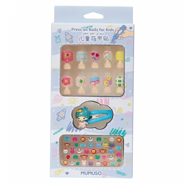 MUMUSO Press-On Nägel für Kinder mit buntem Print und Haarclip, rosa – kinderfreundliche Nagelsticker mit Tier- und Blumenmotiven.