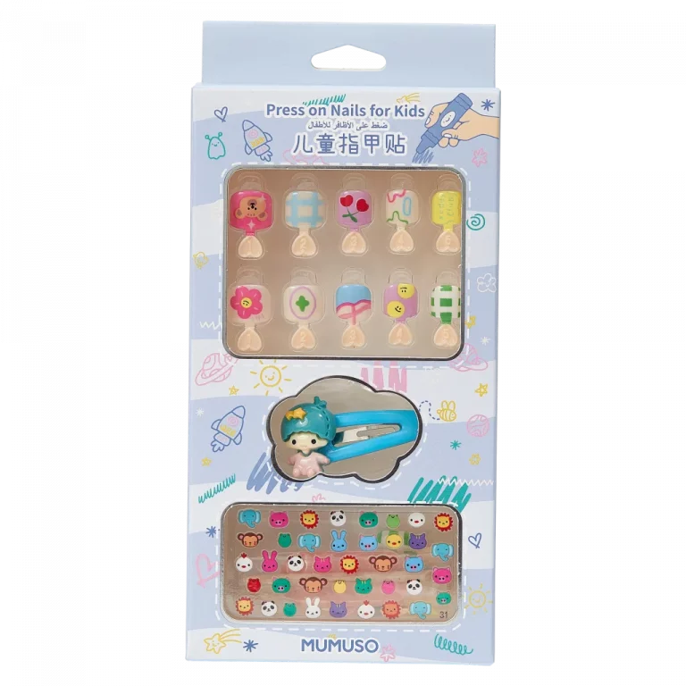 MUMUSO Press-On Nägel für Kinder mit buntem Print und Haarclip, rosa – kinderfreundliche Nagelsticker mit Tier- und Blumenmotiven.