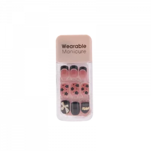 MUMUSO Press On Nails Set aus ABS mit Blumen-Print in Rosa/Schwarz – Kunstnägel für schnelles Nageldesign Zuhause.