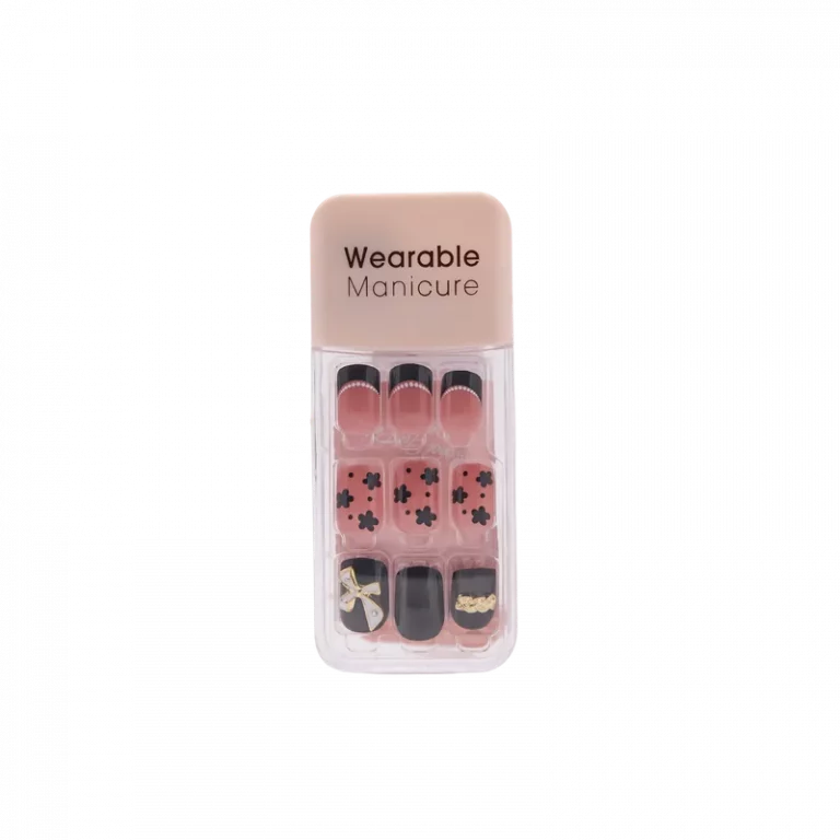 MUMUSO Press On Nails Set aus ABS mit Blumen-Print in Rosa/Schwarz – Kunstnägel für schnelles Nageldesign Zuhause.