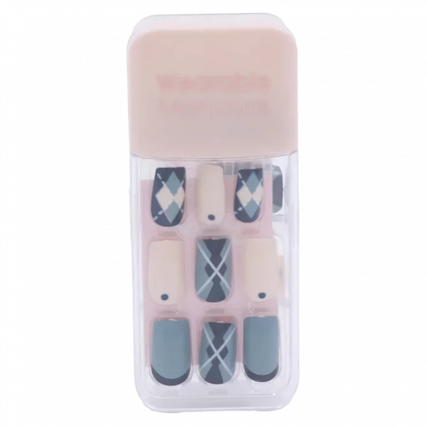 MUMUSO Press On Nails mit Rauten-Muster, dominant in Blau, ideal als Nagelsticker für schnelle Nagelverschönerung.