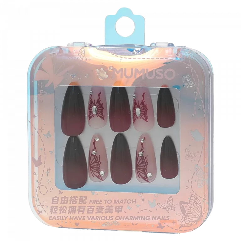 MUMUSO Press-On Nails mit Butterfly in Dunkelrot/Beige – künstliche Fingernägel für einfache Nageldekoration zuhause.