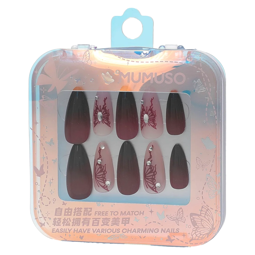 MUMUSO Press-On Nails mit Butterfly in Dunkelrot/Beige – künstliche Fingernägel für einfache Nageldekoration zuhause.