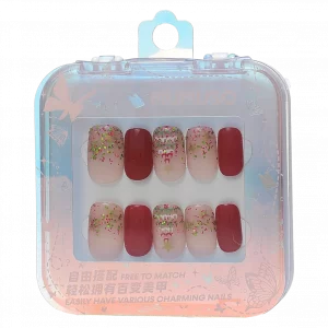 MUMUSO Press-On Nägel aus ABS-Kunststoff, weinrot mit Weihnachtsglocken-Print – hochwertige Kunstnägel für festliches Nageldesign.
