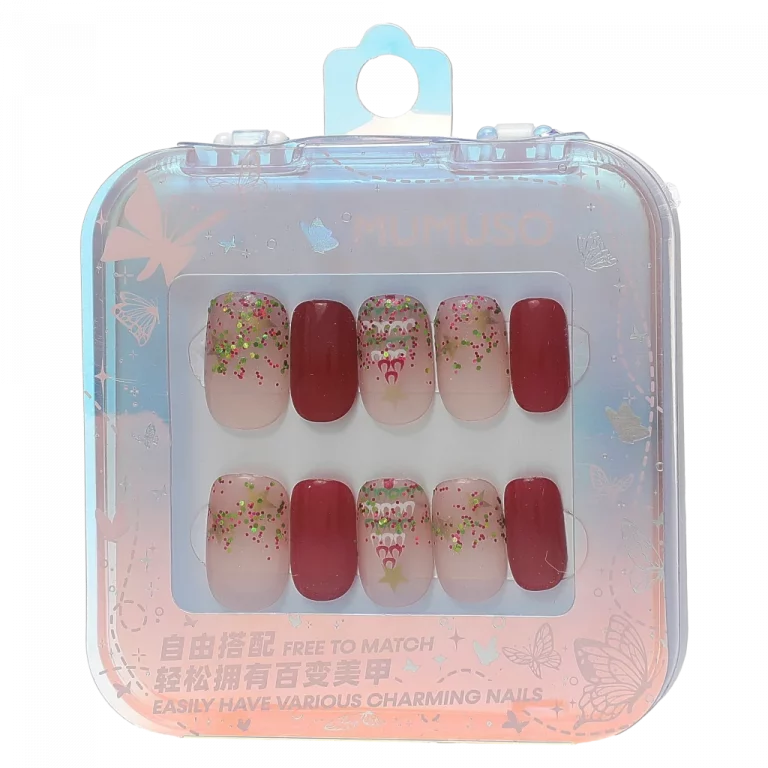 MUMUSO Press-On Nägel aus ABS-Kunststoff, weinrot mit Weihnachtsglocken-Print – hochwertige Kunstnägel für festliches Nageldesign.