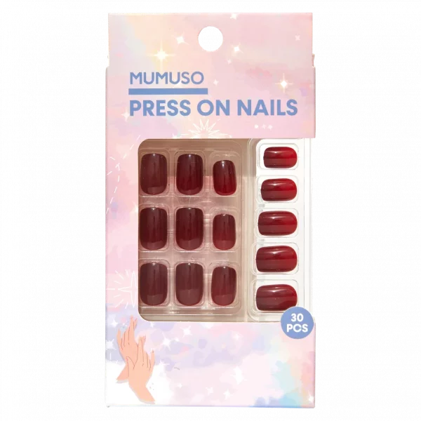 MUMUSO Press On Nails zum Aufkleben, 30 Stück in Burgundy – selbstklebende künstliche Fingernägel für schnelle Maniküre.