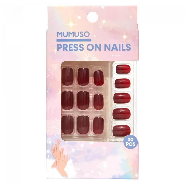 MUMUSO Press On Nails zum Aufkleben, 30 Stück in Burgundy – selbstklebende künstliche Fingernägel für schnelle Maniküre.