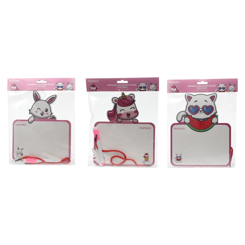 mumuso_radierbare_maltafel_kinder_einhorn_weiss_pink.webp MUMUSO Maltafel Kinder, radierbare Maltafel für Mädchen mit Einhorn-Print, weiße Schreibfläche und pinker Rahmen.