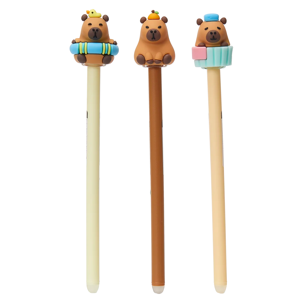 mumuso_radierbarer_gelstift_capybara_beige.webp MUMUSO radierbarer Gelstift, beige, mit Capybara auf dem Stift – Gelstift Schreibgerät für Kinder und Schule.