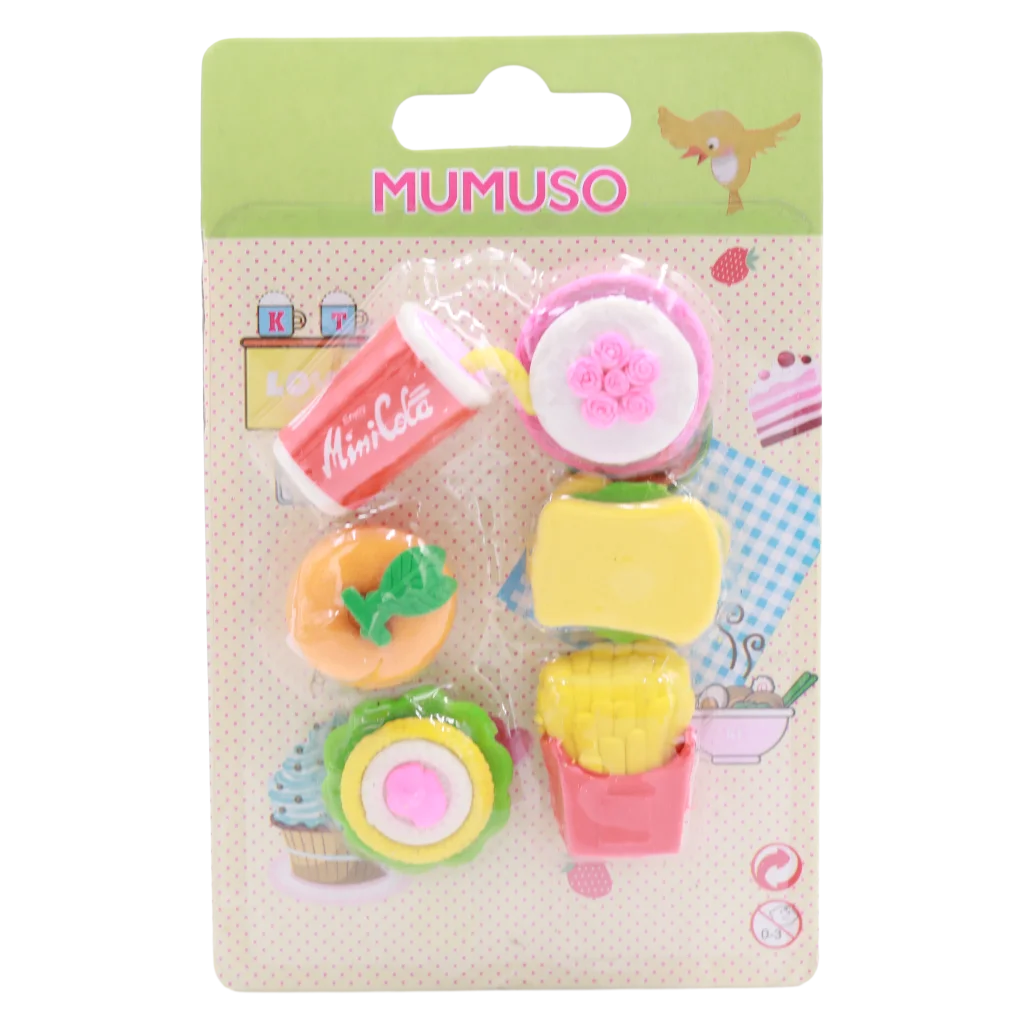 MUMUSO Radierer 6-teilig aus Gummi mit Fast-Food-Design, bunt – praktisches Radierer-Set für Schule und Kinder.