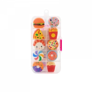 MUMUSO Radiergummi Set, 10-teilig, mit Food-Print in Aufbewahrungsbox, bunt – praktisches Radiergummi-Set für Kinder.
