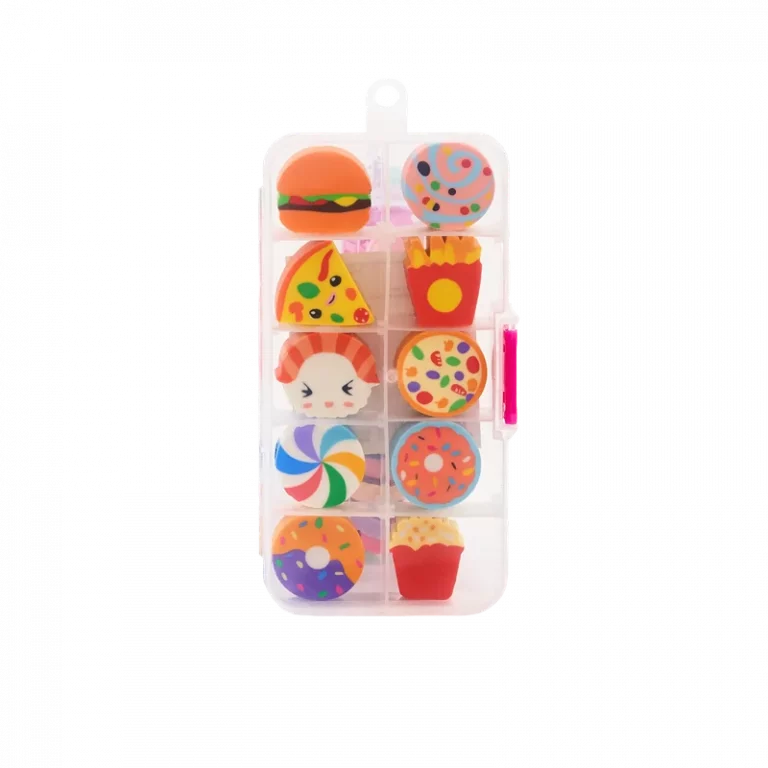 MUMUSO Radiergummi Set, 10-teilig, mit Food-Print in Aufbewahrungsbox, bunt – praktisches Radiergummi-Set für Kinder.