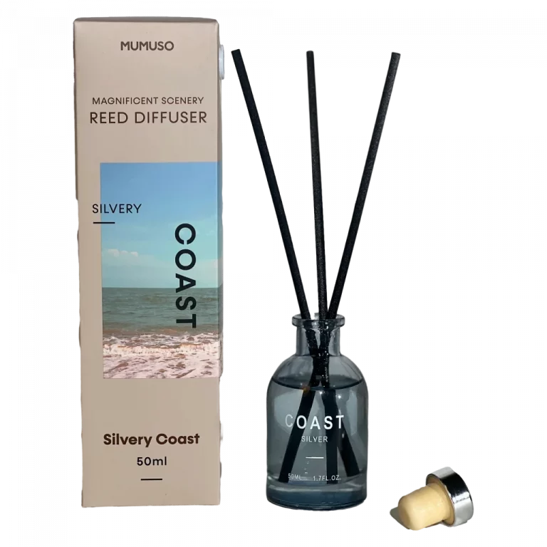 MUMUSO Raumduft Diffuser Glasflasche mit Silvery Coast Duft, 50 ml (Silber) – eleganter Duftflakon für Zuhause.