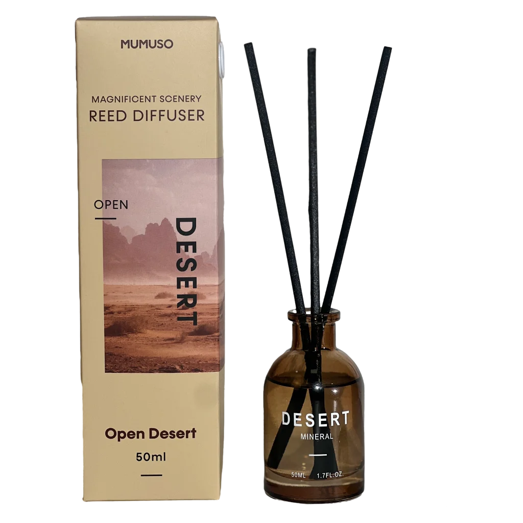 MUMUSO Raumduft Diffuser Glasflasche mit Wüsten-Print, 50 ml – edler Duft Diffuser für Wohnzimmer oder Büro.