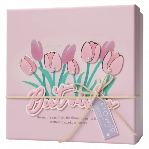 MUMUSO Geschenkbox rechteckig groß in Rosa mit Tulpen, dekorative Geschenkverpackung für Hochzeit oder Geburtstag.