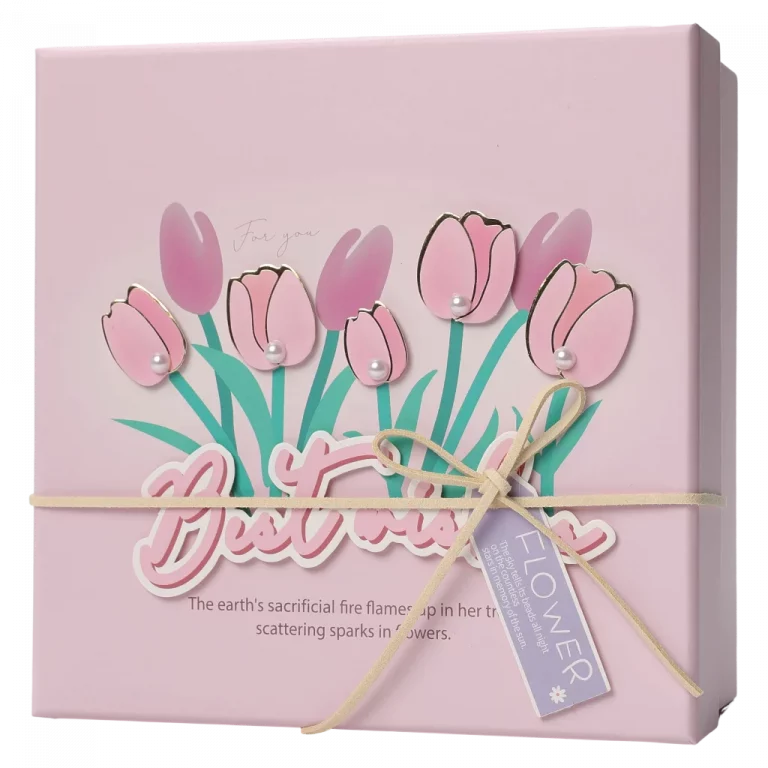 MUMUSO Geschenkbox rechteckig groß in Rosa mit Tulpen, dekorative Geschenkverpackung für Hochzeit oder Geburtstag.