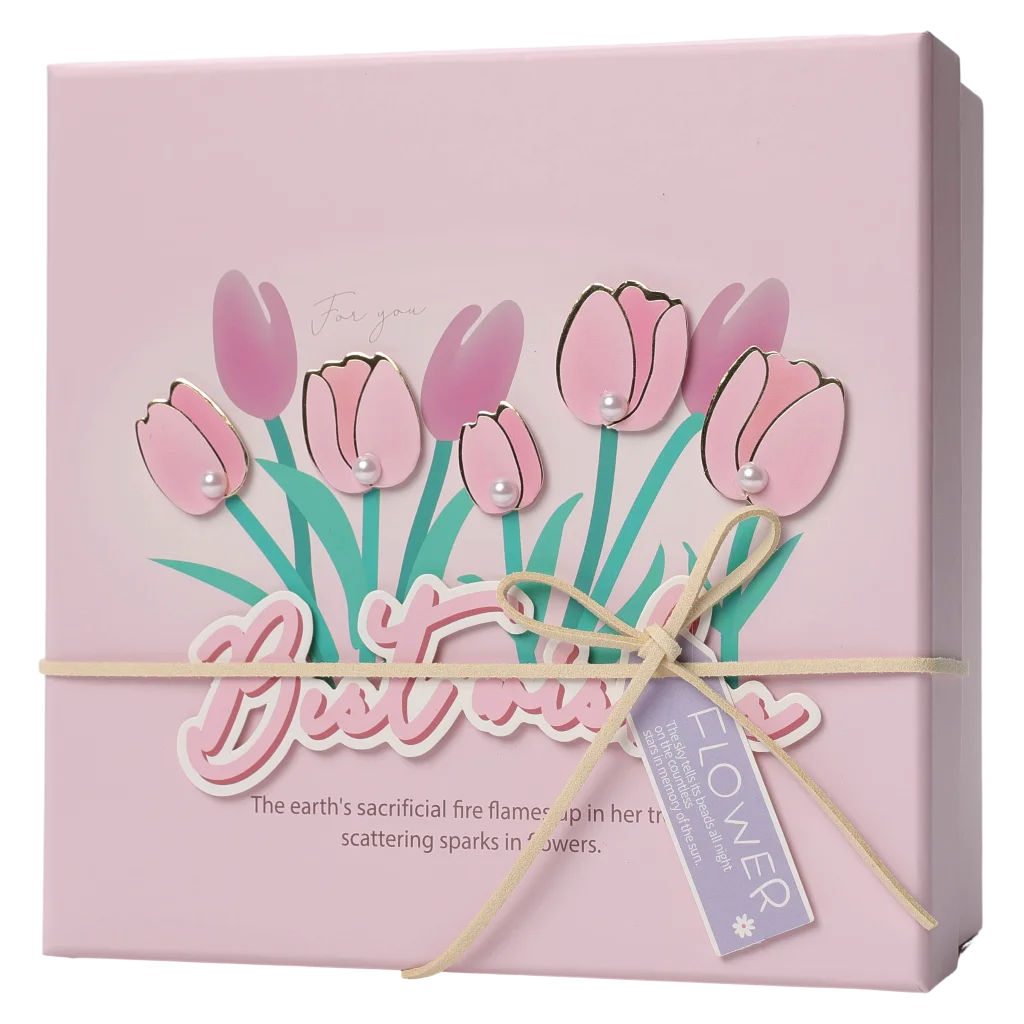 MUMUSO Geschenkbox rechteckig groß in Rosa mit Tulpen, dekorative Geschenkverpackung für Hochzeit oder Geburtstag.