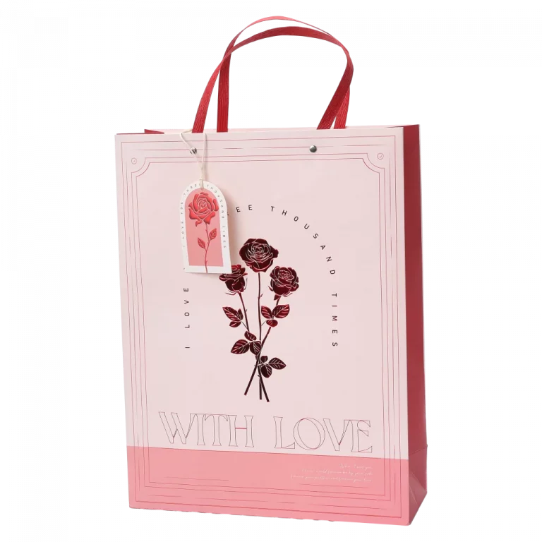 MUMUSO Geschenktragetasche rechteckig in Rosa mit Rosendruck – stilvolle Geschenkverpackung für besondere Anlässe.