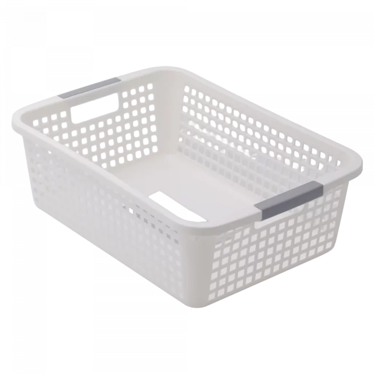 MUMUSO Aufbewahrungskorb aus Kunststoff, stapelbar und rechteckig, ideal für Kleidung und Haushalt in Weiß.