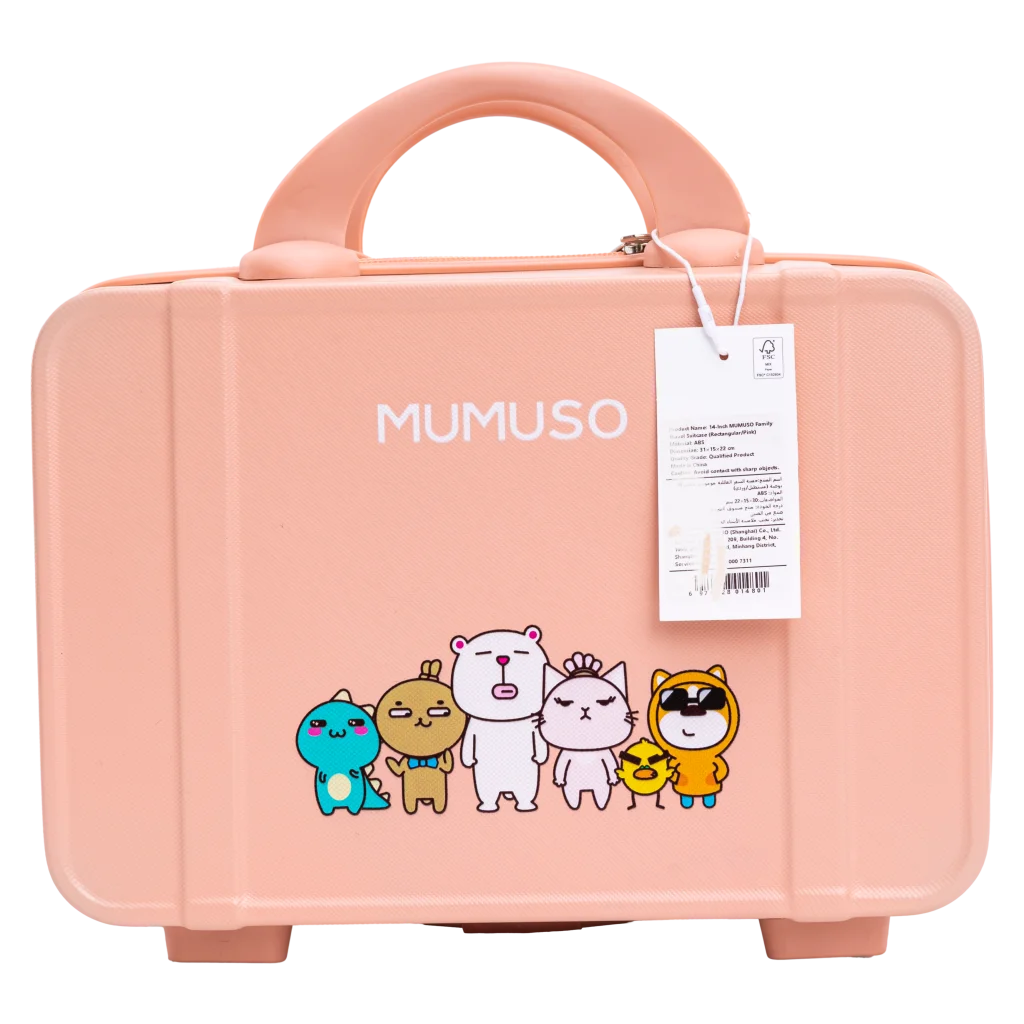 mumuso_rechteckiger_reisekoffer_14zoll_familie_rosa_3.webp MUMUSO rechteckiger Reisekoffer 14 Zoll in Rosa mit Familienmotiven – perfekter Kinderkoffer für Reisen.