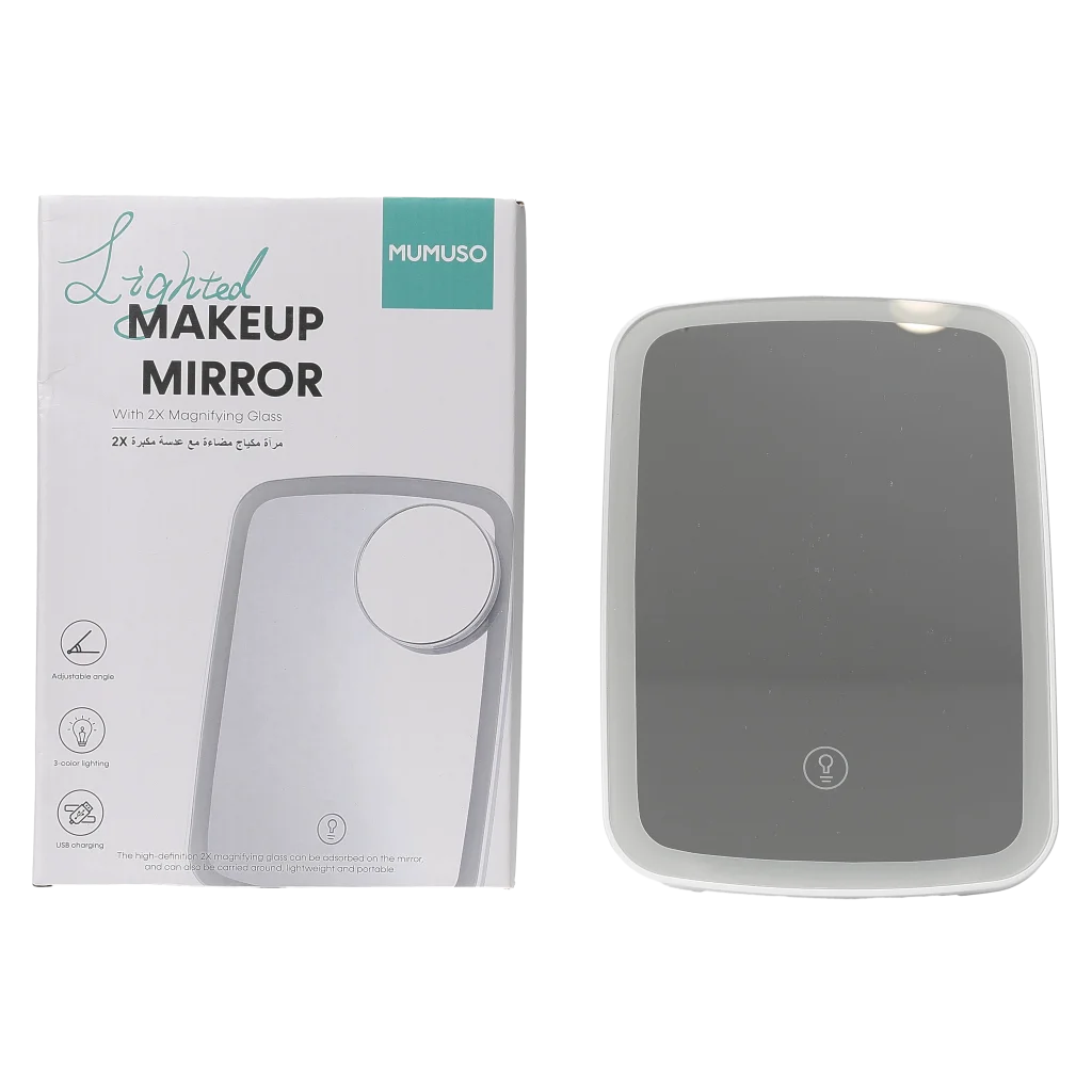 mumuso_rechteckiger_schminkspiegel_led_2x_vergroesserung_weiss.webp MUMUSO Schminkspiegel mit LED-Beleuchtung und 2-facher Vergrößerung, rechteckig in Weiß – ideal für präzises Make-up.