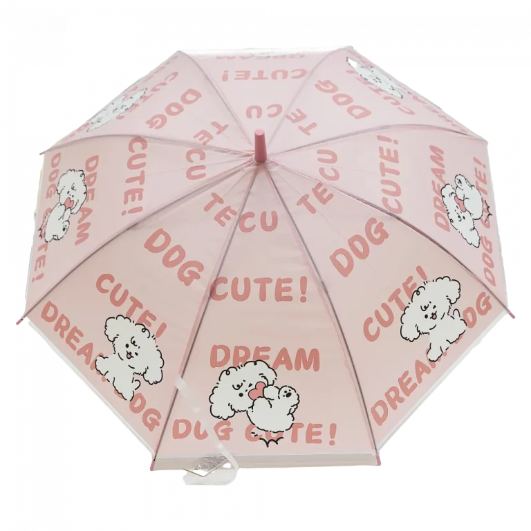 MUMUSO Regenschirm für Kinder aus POE und Fiberglasgestänge, rosa, mit Hund. Robuster Kinderschirm mit J-Griff.
