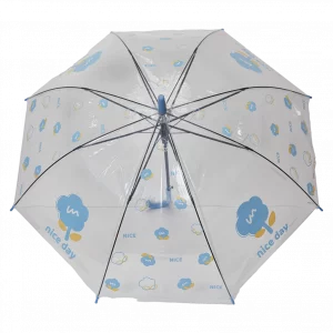 MUMUSO Regenschirm mit J-Griff aus Glasfaser-Stahl, transparent, mit blauer Blume – stabiler Alltags-Regenschirm.