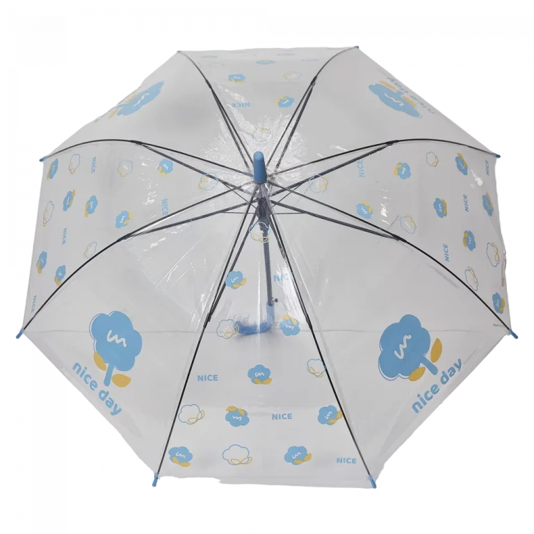MUMUSO Regenschirm mit J-Griff aus Glasfaser-Stahl, transparent, mit blauer Blume – stabiler Alltags-Regenschirm.